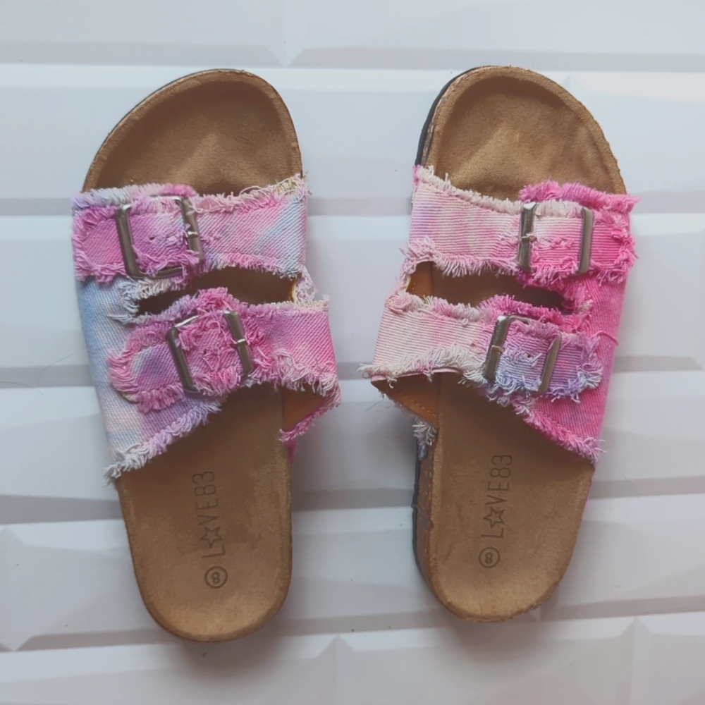 Pink and Blue Double-Strap Sandals with Tie-Dye Design